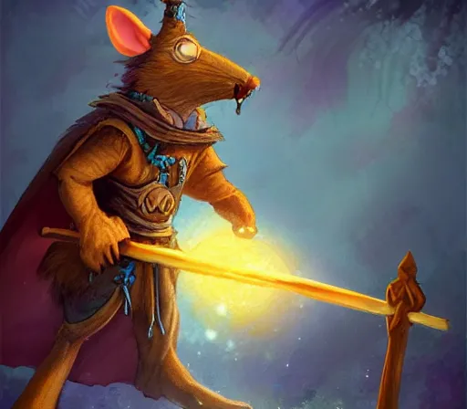 Prompt: anthropomorphic rat wielding a magic staff wearing wizard robe, cute and adorable, pretty, beautiful, DnD character art portrait, matte fantasy painting, DeviantArt Artstation, cinema