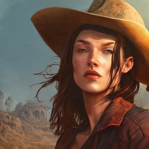 Image similar to fallout 5, charismatic beautiful, rugged, brunette female protagonist wearing a cowboy - hat, portrait, outdoors ruined coastal area, atmospheric lighting, painted, intricate, volumetric lighting, beautiful, spring, sharp focus, warm deep colours, ultra detailed, by leesha hannigan, ross tran, thierry doizon, kai carpenter, ignacio fernandez rios