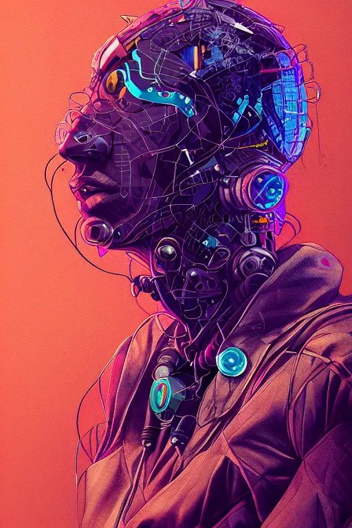 Image similar to abstract portrait, cyberpunk hero, floating detailes, very detailed face, leaves by miyazaki, colorful palette illustration, kenneth blom, mental alchemy, james jean, pablo amaringo, naudline pierre, contemporary art, hyper detailed