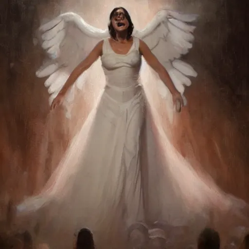 Image similar to Painting by Greg Rutkowski, an opera singer in a white dress with wings on stage