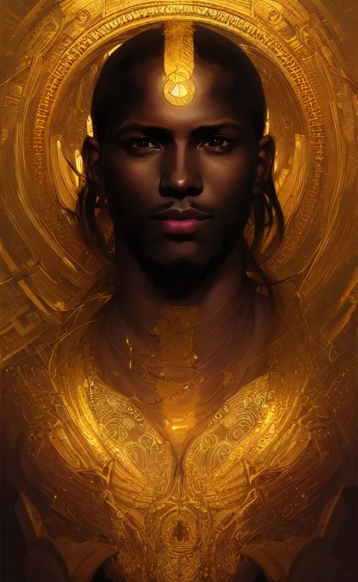 Image similar to portrait of a young handsome dark god, gold wires, intricate, headshot, highly detailed, digital painting, artstation, concept art, sharp focus, cinematic lighting, illustration, art by artgerm and greg rutkowski, alphonse mucha, cgsociety