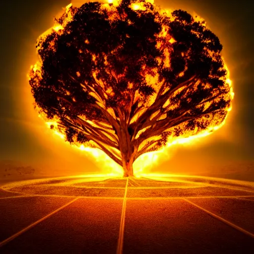 Prompt: The tree of life, burning in the middle of a desert, cinematic lighting, ultra high quality