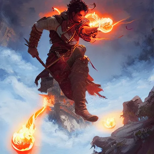 Image similar to beautiful painting of a male halfing bard, casting fireball and killing a whole village, painted by greg rutkowski