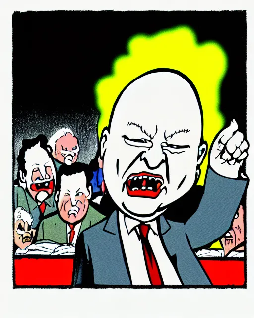 Prompt: scary cartoon, yeltsin in hell, frame from the cartoon in color, drawing in good quality