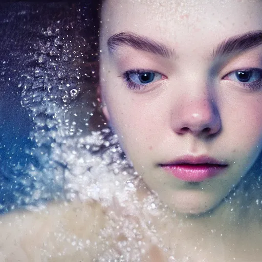 Image similar to portrait of a beautiful girl + anya taylor - joy floating under the deep dream water, beautiful smooth soft light + white petal, by personal photography, art by brookskim, closeup, 4 k, highly detailed, instagram,