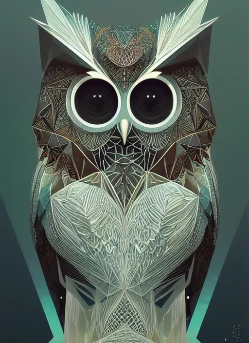 Image similar to portrait of a geometric owl, identical eyes, medium shot, illustration, full body made of white feathers, symmetrical, art stand, super detailed, cinematic lighting, and its detailed and intricate, gorgeous, by peter mohrbacher