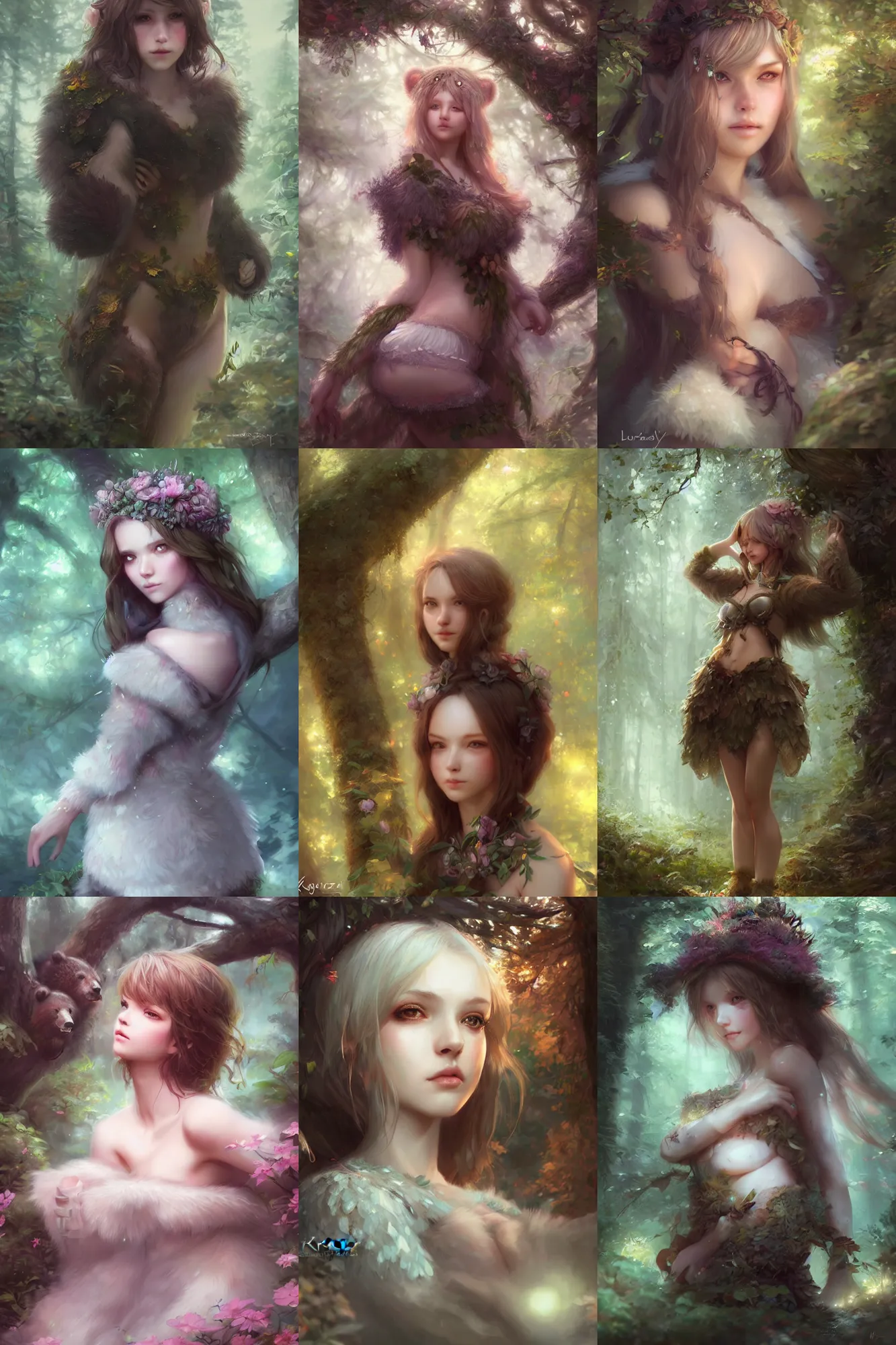 Prompt: a ( girl as personification of bear ), beauty portrait, fantasy woodland, digital art by krenz cushart, laurie greasly, wlop, artgerm, intricate, highly detailed, sharp focus, smooth, epic composition, joyful, unreal engine