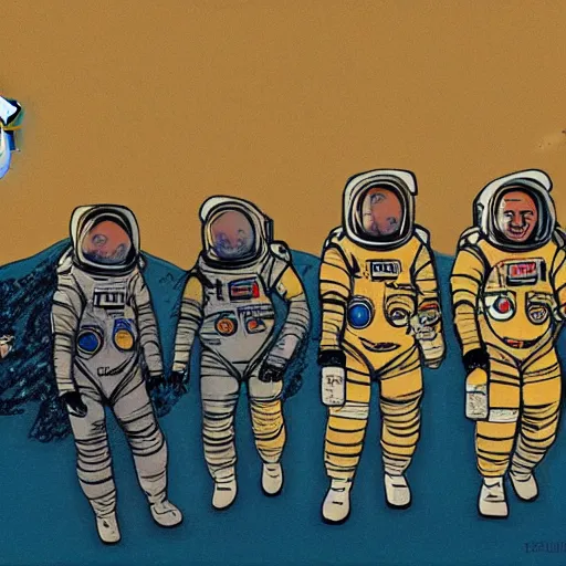 Prompt: astronauts walking about on the moon with the earth in the background. in the style of howard finster painting.