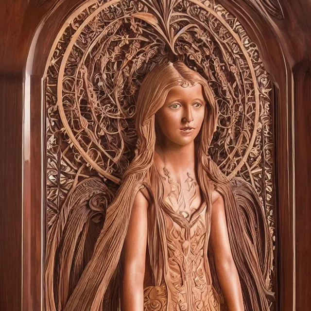 Prompt: a 3 d wooden mahogany art nouveau carved sculpture of a young millie bobby brown or alicia vikander with long hair blowing in the wind, in front of a delicate tracery pattern, intricate and highly detailed, well - lit, ornate, realistic, polished with visible wood grain