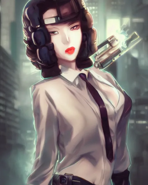 Prompt: portrait Anime 1940s Detective smoking, cyberpunk, high detail of the face, high detail, high modernization, artgerm, realistic shaded lighting ultra mega super hyper realistic