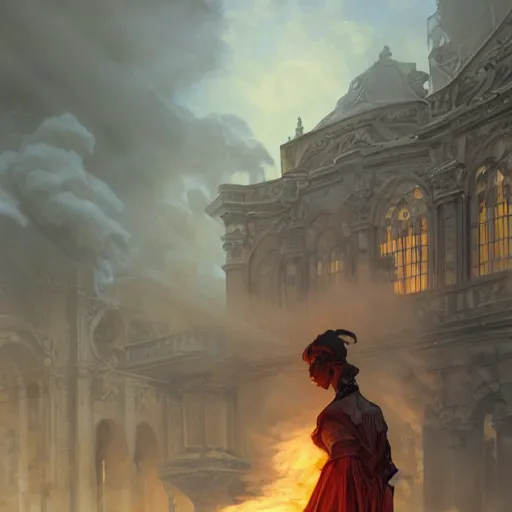 Image similar to portrait of a pipe organ facade surrounded by smoke, battle damage, sunset glow around head, full body portrait, intricate, elegant, highly detailed, digital painting, artstation, concept art, smooth, sharp focus, illustration, art by artgerm and greg rutkowski and alphonse mucha, background is a city in ruins