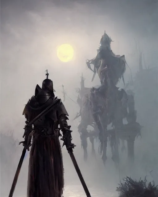 Image similar to Hyper realistic oil painting of an undead knight, knight in the foreground, fog, volumetric lighting, nighttime, moonlight, creepy, by greg rutkowski