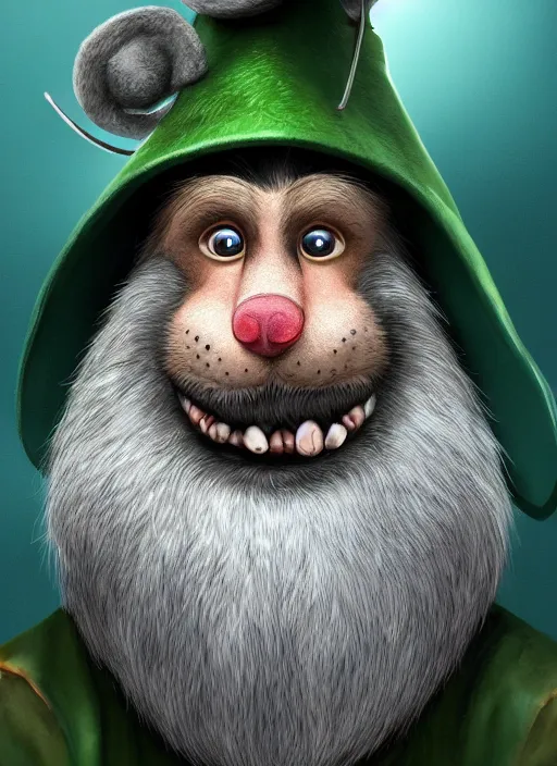 Image similar to anthropomorphic rat with human eyes and a gray beard, wearing jewelry, tricorne hat, green robe, d & d, digital art, detailed face, highly detailed, trending on artstation, realistic, studio lighting, drawn by dr. seuss