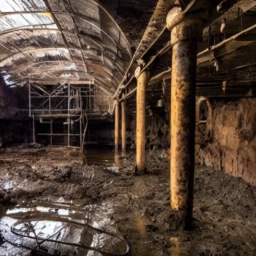 Image similar to underground mine, flooded, dirty water, rusty pipes