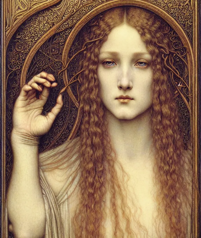 Image similar to detailed realistic beautiful young medieval queen face portrait by jean delville, gustave dore and marco mazzoni, art nouveau, symbolist, visionary, gothic, pre - raphaelite. horizontal symmetry