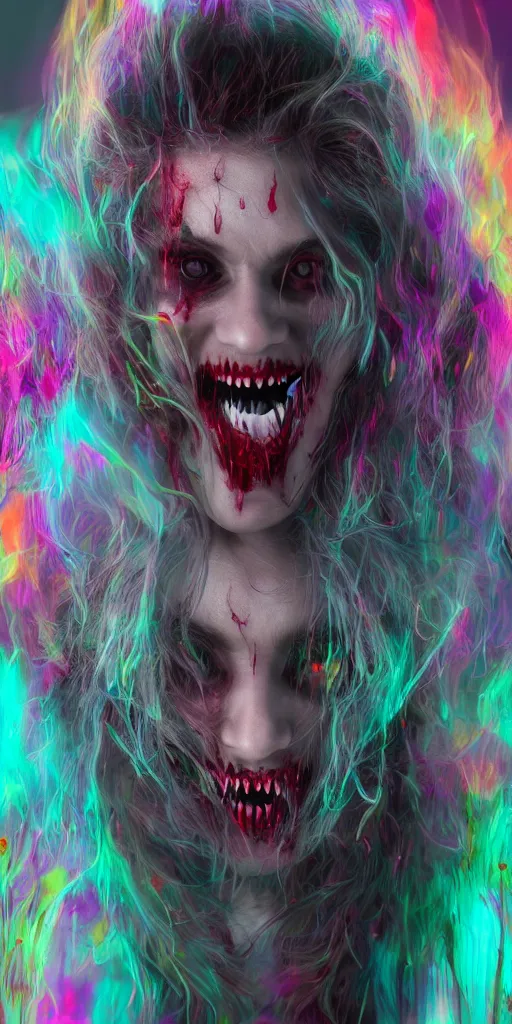 Image similar to impossibly beautiful vampire with large vampire fangs, full body, intricate complexity, horror, psychedelic glitch art, rainbow drip paint, trending on art station, photoreal, 8k, octane render