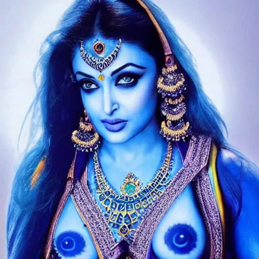 Image similar to extremely beautiful aishwarya rai as a blue - skinned indian goddess with six arms, symmetric, aesthetic!!!, cosplay, studio lighting, beautiful symmetric face, clean composition, highly symmetric body parts, gazing eyes, blue skin, blue body paint