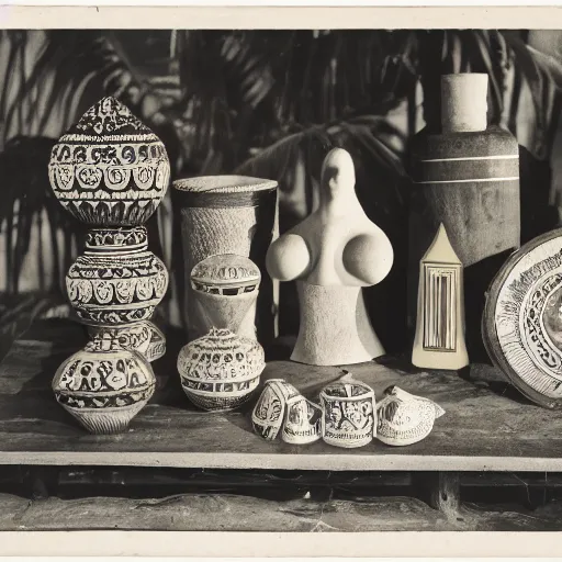 Image similar to an offset photography of an object on display, three colors, ( anthropology of wonder ), ( ( exotic artifacts ) ), bauhause, ( tropicalism ), ( colonial expedition ), exhibition, 6 0 s style