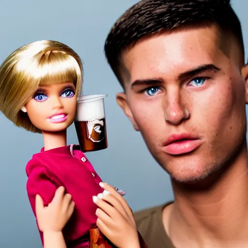 Image similar to a Barbie doll with a bruised eye and bloody nose standing next to a Ken doll holding a beer, hyper realistic, sharp focus