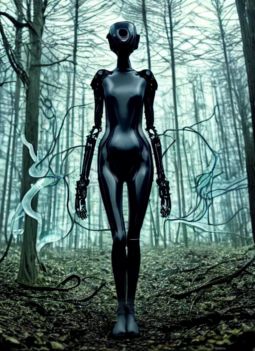 Image similar to catwalk, forest, iris van herpen gothic inflateble dark dress, perfect symmetrical body, helmet on face, full body shot, inflateble shapes, wires, tubes, veins, jellyfish, white biomechanical details, wearing epic bionic cyborg implants, masterpiece, intricate, biopunk, vogue, highly detailed, artstation, concept art, cyberpunk, octane render