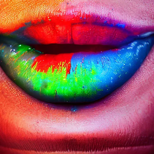 Image similar to photo of 8k ultra realistic deity mouth filled with multi color crayons, clear sky, full of colour, cinematic lighting, battered, trending on artstation, 4k, hyperrealistic, focused, extreme details,unreal engine 5, cinematic, masterpiece, art by Rafał Olbiński