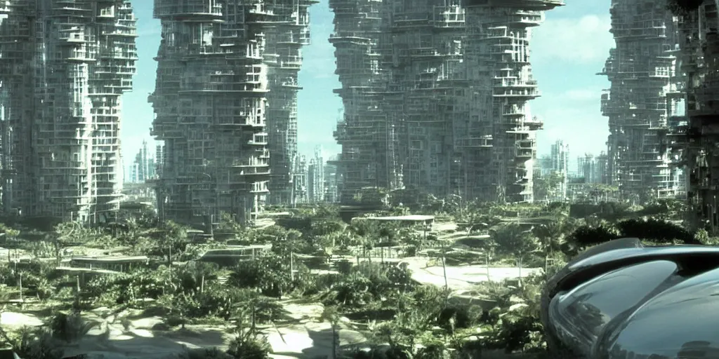 Prompt: a luxury apartment with large windows, 1 9 8 0 s science fiction, windows overlooking a lush arid mushroom jungle landscape, sci - fi film still, screenshot from a science fiction movie, ridley scott,