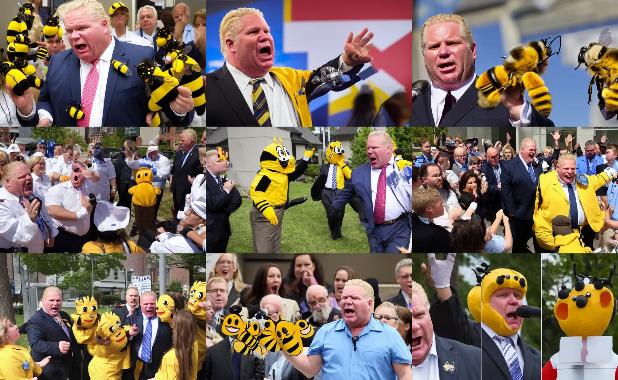 Prompt: doug ford yelling at healthcare workers as bees! escape his mouth