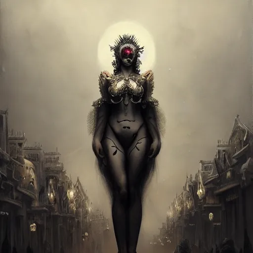 Prompt: By Tom Bagshaw, ultra realist soft painting of curiosities carnival by night, very beautiful cultist full bodysuit radiant blades, symmetry accurate features, very intricate details, ominous sky, black and white, volumetric light clouds