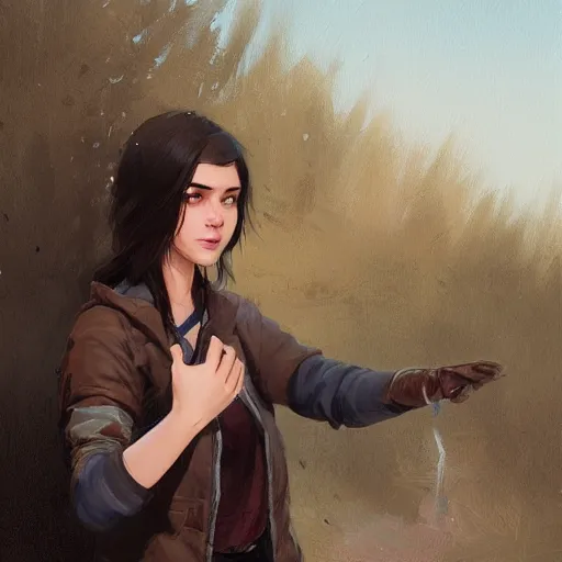 Prompt: a dark - haired girl hitch - hiking, wearing a brown glove with her thumb held aloft, highly detailed, digital painting, artstation, concept art, sharp focus, illustration, art by greg rutkowski