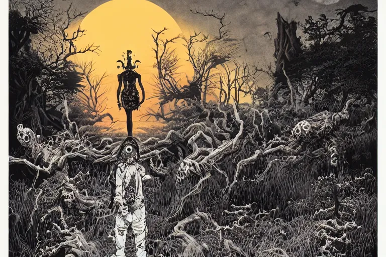 Image similar to disturbing horror zombie manga cover illustration by junji ito and joe fenton and syd mead and p. craig russell and barry windsor - smith, artstation, 4 k, graphic novel, concept art, matte painting, beautiful american rustic western landscape sunset background, golden hour, art nouveau