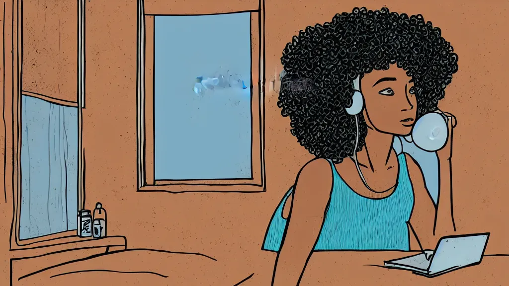 Prompt: black girl, curly hair, with headphones, studying in bedroom, window with rio de janeiro view, lo-fi illustration style, digital art, alive colors