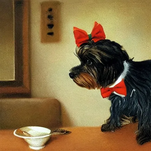 Prompt: a Yorkshire terrier at a bar wearing a bow tie, extremely detailed masterpiece, illustration, by Michael Sowa,