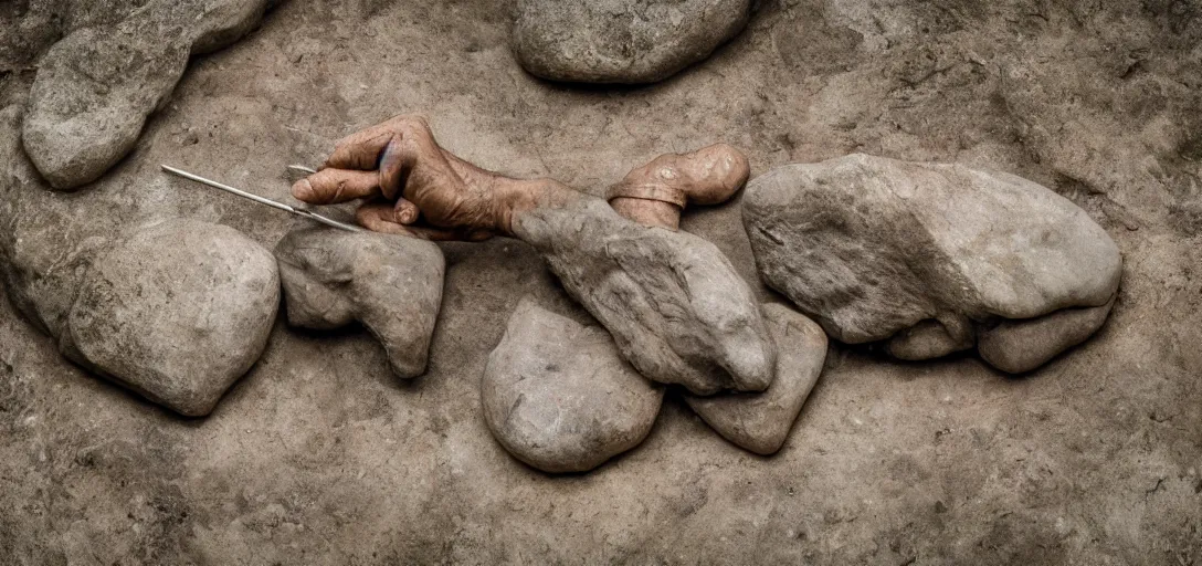 Prompt: a ultra high resolution photo of asian prehistoric people make stone adze from pebble at the river bank in the rainforest, pretty and handsome face, high qulity realistic face, hyper - realistic, highly detailed, 8 k, cinematic lighting, global illumination, elegant, ornate, super detail, the light is dim, and the colours are muted. kodak etkar 1 0 0