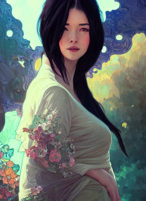 Image similar to handsome young women with shoulder length black hair, half body shot, path traced, highly detailed, high quality, digital painting, alena aenami, lilia alvarado, shinji aramaki, karol bak, alphonse mucha, tom bagshaw, hd, 8 k