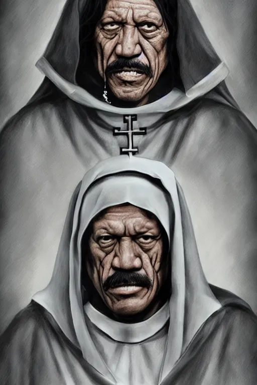 Image similar to portrait of Danny Trejo as church nun, highly detailed, artstation, manga illustration by Kentaro Miura berserk