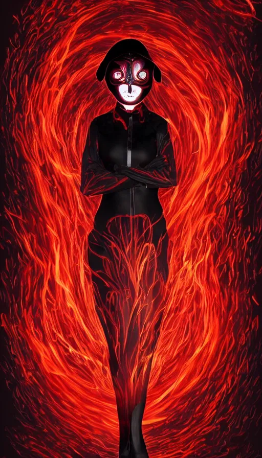 Image similar to Woman made of black flames, wearing a strict business suit, with no face, with glowing red eyes, with a red halo over her head, with red halo glowing out of her wrists, looking off to the side, growing out of a giant rose, rose petals flying in the wind, war, authoritarian, tense, digital painting, artstation, indieground, madness combat, strong dramatic cinematic lighting , blood red sky, grey skin, smooth, sharp focus, extremely detailed, illustration, concept art, sharp focus, by Annie Swynnerton and Nicholas Roerich, Godmachine, alphonse mucha''