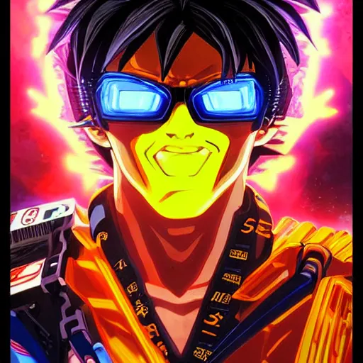 Prompt: a portrait of a neon cyberpunk goku in a racing helment by sandra chevrier, detailed render, epic composition, cybernetics, 4 k realistic, cryengine, realistic shaded lighting, sharp focus, masterpiece, by matteo scalera, gary montalbano, peter elson in the style of the tokyo ghost comic