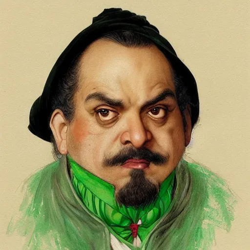 Image similar to hyper realistic, realistic - anime, portrait, beautifully rendered, italian garb from 1 9 th century, caricature, luis guzman as luigi wearing green, smirking deviously, luigi, luigi's nose, painted by jan van eyck, albrecht durer, gustave courbet, greg rutkowski, wlop, artgerm, dishonored 2,