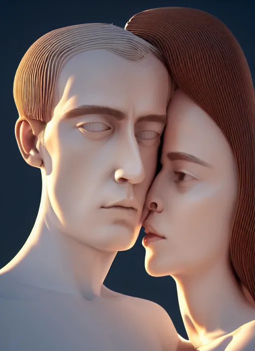 Image similar to perfectly centered symmetrical balanced male and female portrait of man and woman in love sharing one heart. art by santiago calatrava and zaha hadid, high coherence ; 3 d render 8 k octane ultra hd