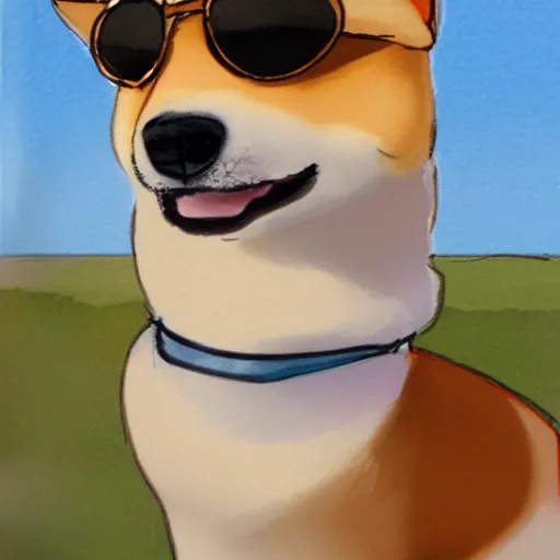 Prompt: sketch of a shiba inu wearing sunglasses and a funny hat