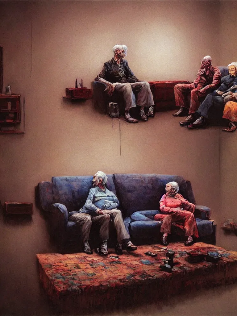 Image similar to photo of a very old couple sitting on a couch, psx game graphics , Beksinski painting, part by Adrian Ghenie