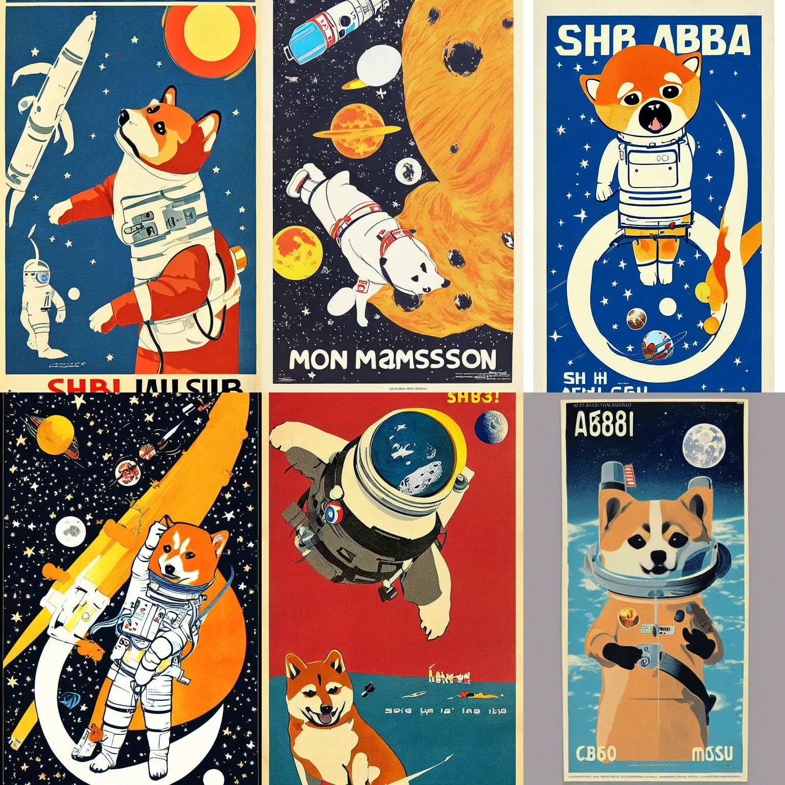 Image similar to Shiba Inu cosmonaut, moon mission, 60s poster, 1968 Soviet