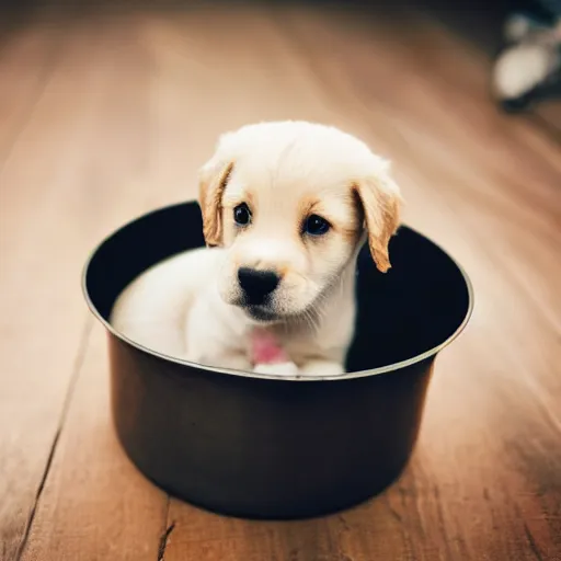 Image similar to puppy sitting in a small metal saucepan, photography, minimalistic, 8 k