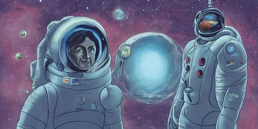 Image similar to a portrait of stallone in spacesuit on field forrest spaceship station landing laying lake artillery outer worlds in FANTASTIC PLANET La planète sauvage animation by René Laloux