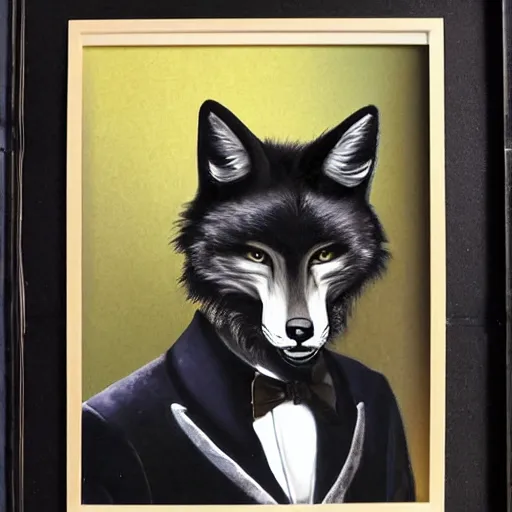 Image similar to male anthro black fox furry fursona with a mullet in a spanish style tuxedo, 1 9 7 0 s framed photograph, painted by riley moreau