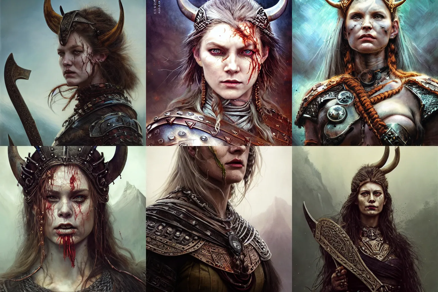 Prompt: official photo of a majestic fierce viking woman, leader, fear, scarred, highly detailed, viking attire, cinematic, 8 k, 1 0 8 0 s, by stanley artgermm, tom bagshaw, greg rutkowski, vincent di fate, carne griffiths, ayami kojima, trending on deviantart, hyper detailed, full of color, digital art,