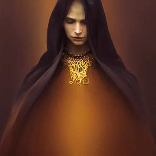 Image similar to a portrait of a young woman wearing a long dark cloak, hood and shadows covering face, holding golden chains, oil painting, matte painting, black background, Volumetric Golden dappled dynamic lighting, Highly Detailed, Cinematic Lighting, Unreal Engine, 8k, HD, by Beksinski