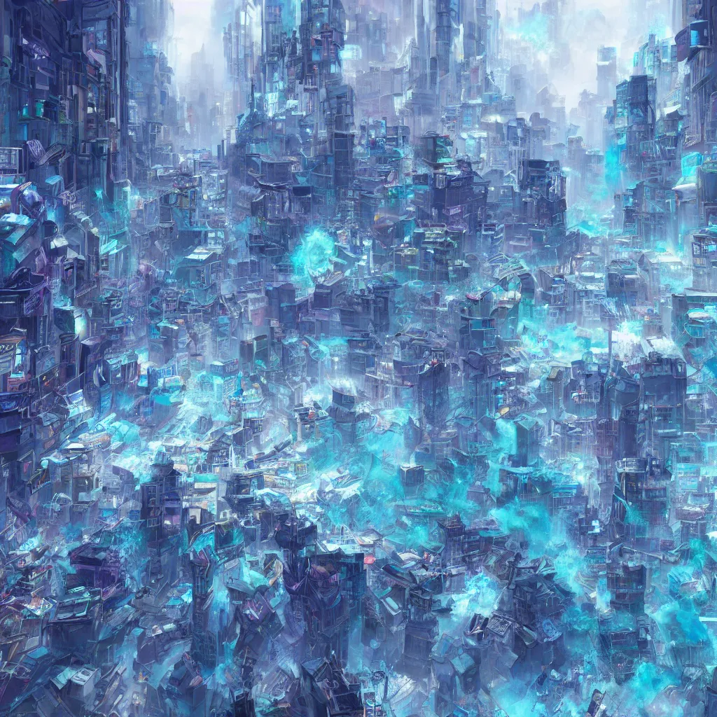 Image similar to Concept art of an urban city getting magically shredded into blue particles, trending on artstation, oil on canvas, vivid color, ultra detailed.