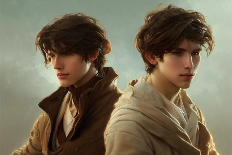 Prompt: brown hair, The Most Beautiful Boy in the World , fantasy, intricate, highly detailed, digital painting, artstation, concept art, matte, sharp focus, illustration, art by Artgerm and Greg Rutkowski and Alphonse Mucha