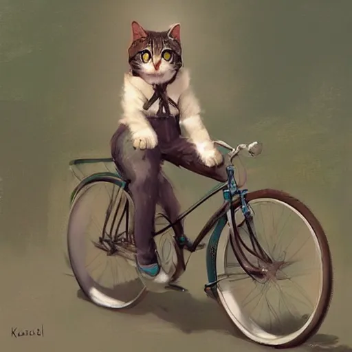 Image similar to Masterpiece portrait of cute cat riding a bicycle, digital art by Krenz Cushart, trending on artstation